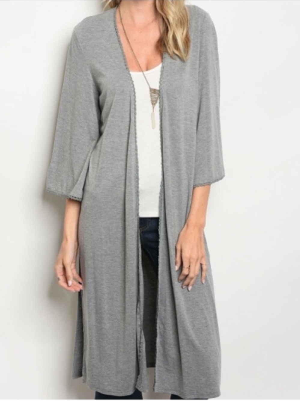 Gray 3/4 Sleeve Crochet Trim Soft Jersey Cardigan
